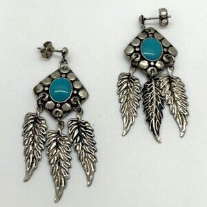 Vintage Silver-tone Earrings, Turquoise Enamel Southwestern Feather Boho 2.25"